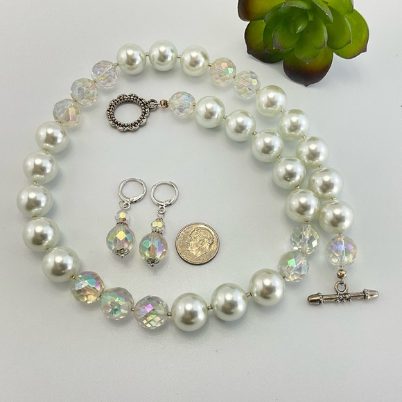 Swarovski White Crystal Pearl & Vtg Aurora Borealis Crystal Necklace & Earrings - Picture 5 of 15